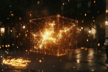 Glowing Cube with Digital Particles in Urban Night Scene