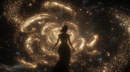 Fototapeta premium Woman Silhouette in Golden Cosmic Vortex