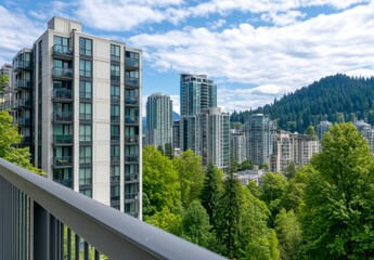 Obraz premium High angle view of modern residential buildings nestled among lush green trees and mountains under a partly cloudy sky. The scene is captured from a balcony with a metal railing.