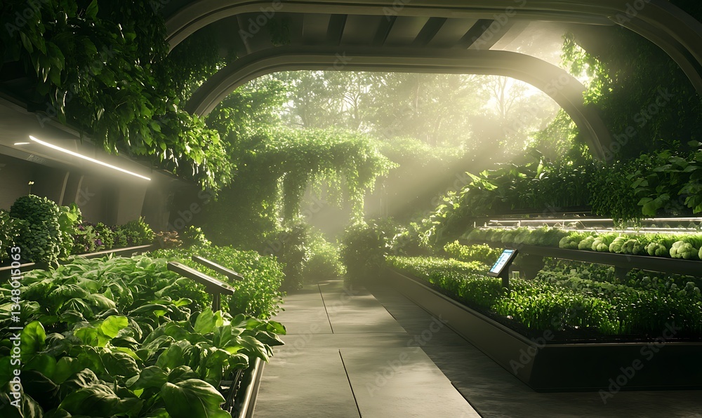 Poster a serene indoor garden filled with lush greenery and soft sunlight filtering through, creating a pea