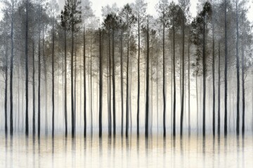 Misty Forest Landscape with Silhouetted Trees in Calm Water
