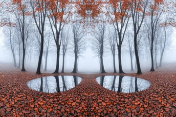Serene Autumn Forest in Mist with Reflections on Still Water