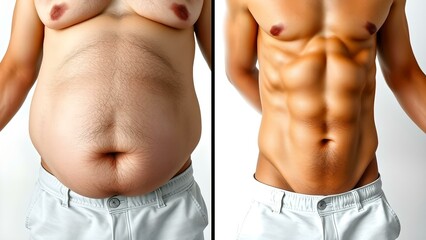 Naklejka premium Before and after the transformation, on the one hand, a man with a fat belly, on the other- a man with a toned stomach. The concept of fitness, weight loss, progress