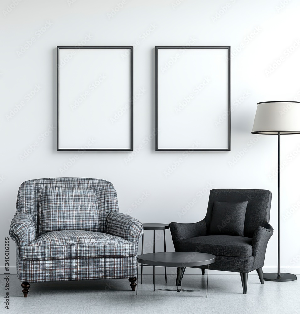 Poster two armchairs and two empty frames in a minimalist interior setting. a floor lamp is visible beside 