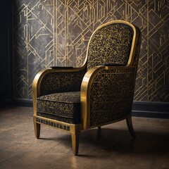 A 1920s Art Deco chair with geometric gold and black patterns.