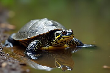 Obraz premium Snapping Turtle Emerging from a Pond into the Sunlight