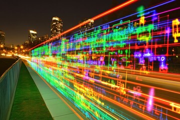 Colorful Light Trails Along City Sidewalk at Night with Skyscrapers