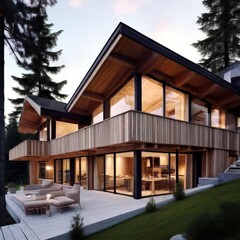 the AI Image Generator, Modern Wooden House in Forest Setting