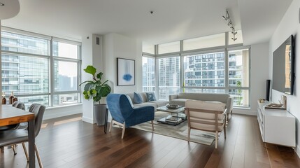 Wide angle shot of open concept luxury apartment living space chic modern decor large windows stylish lighting white background