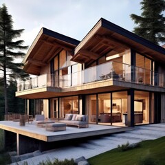 the AI Image Generator, Modern Wooden House in Forest Setting