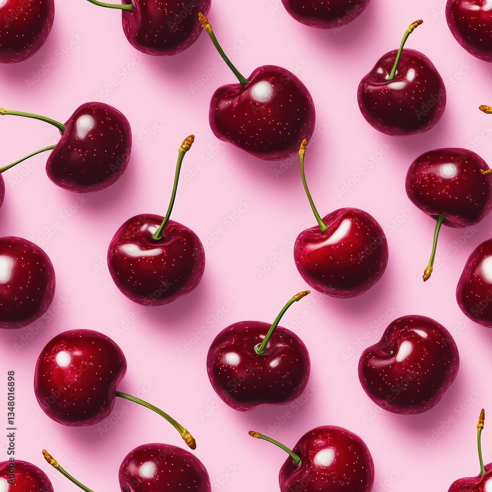 Poster glossy ripe red cherries on vibrant pink background in repeating offset pattern creating a bold and 