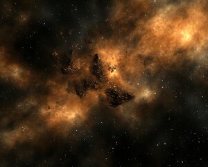 Obraz premium Dark space with glowing clouds and rocky asteroid structures