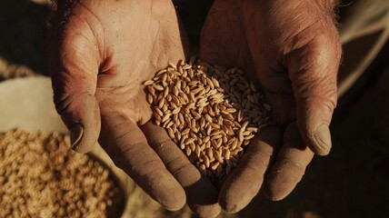Macro shot of wheat grains resting in a farmer’s rough hands, capturing texture, hard work, and the intimate connection between people and the land.
