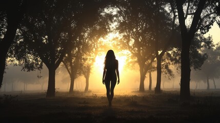 Woman Silhouetted at Sunrise in Misty Forest.