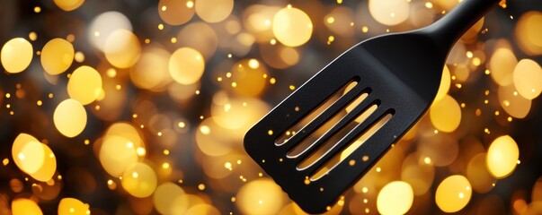 Black Spatula Against Festive Lights: Culinary Delight
