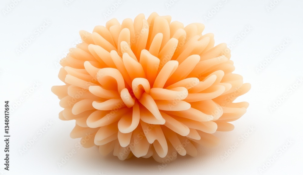 Poster close up of a peach colored, spherical flower like object with numerous thin, elongated petals. the 