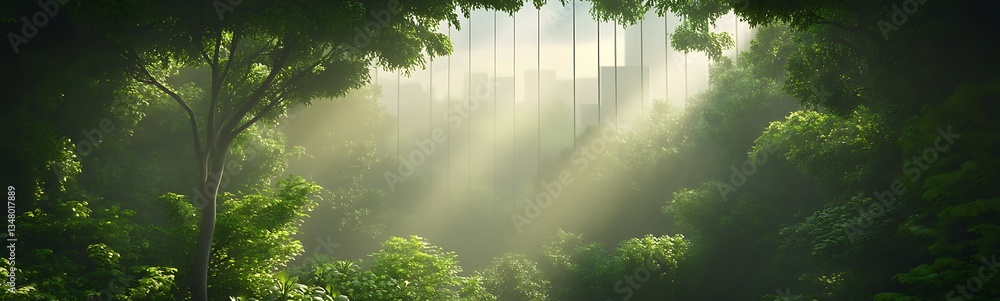 Poster a serene forest scene with sunlight filtering through trees, revealing a backdrop of modern glass bu