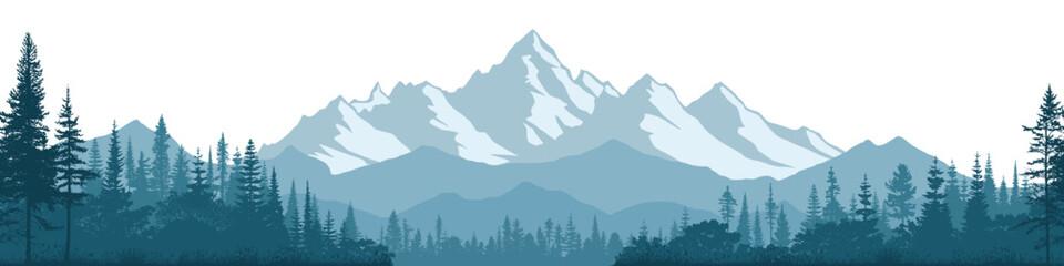 Mountain landscape with forest, morning haze, vector illustration, panoramic view
