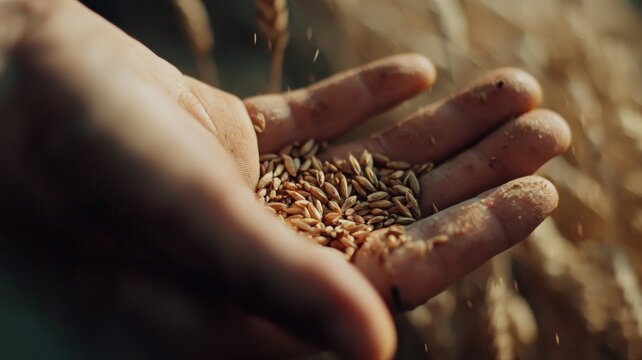 Macro shot of wheat grains resting in a farmer’s rough hands, capturing texture, hard work, and the intimate connection between people and the land.
