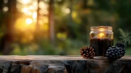 Tranquil candle in forest setting.  A warm-toned,  peaceful scene of a candle on a rustic wooden surface surrounded by nature
