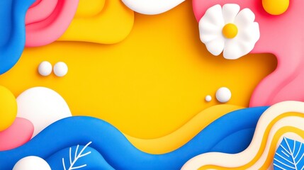 Abstract background with colorful shapes and flowers. Bright yellow, pink, blue, and white 3D shapes create a playful and cheerful mood. Ideal for design projects needing a vibrant, modern aesthetic.
