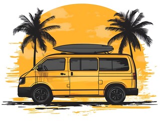 Van parked on beach, surfboard ready