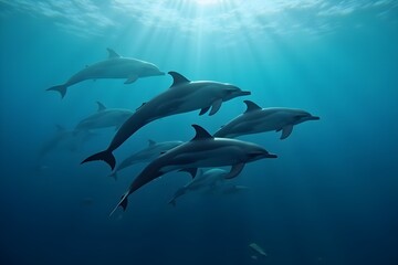 Naklejka premium Dolphins Cooperating to Skillfully Herd Fish in the Open Ocean