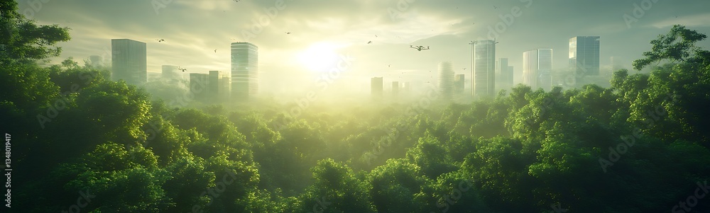 Aufkleber A serene view of a lush green forest with futuristic skyscrapers in the background, illuminated by a warm sun rising over the horizon.