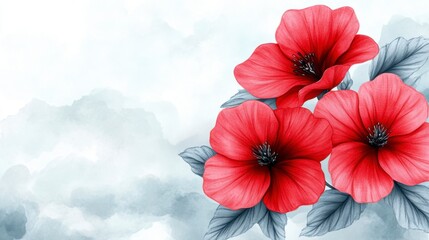 Watercolor painting of three red flowers with gray blue leaves against a soft gray blue watercolor background.