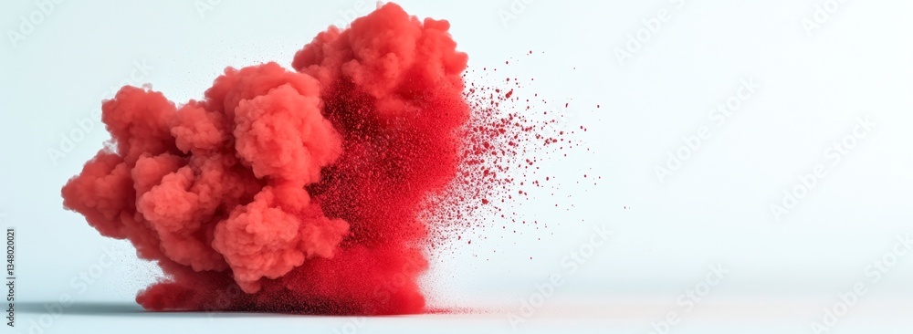 Poster abstract image of a red cloud of particles dispersing on a white background. the cloud is dense and 