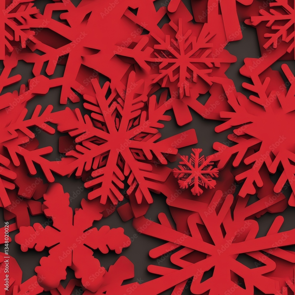 Aufkleber a repeating pattern of vibrant red paper snowflakes layered in varying sizes against a rich dark gra