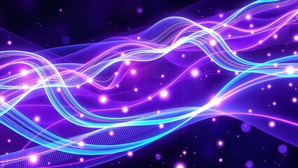Fototapeta premium background 3d Abstract Digital Wave Background with Glowing Particles, A vibrant, abstract background featuring flowing digital waves with glowing particles against a deep purple and blue backdrop