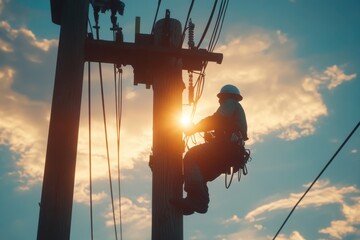 Worker Climbing Power Pole at Sunset with Dramatic Sky and Clouds