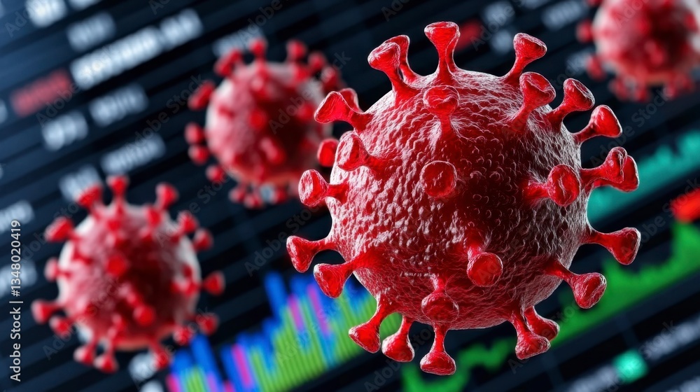 Poster microscopic view of red viruses against a blurred background of a stock market screen showing graphs