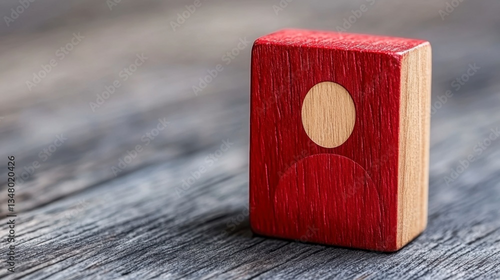 Poster red wooden block with a person symbol on a rustic wooden surface. close up view with shallow depth o