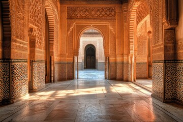 Intricate Moroccan Architecture with Warm Light in Historic Hallway