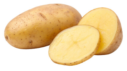 Raw Whole and Sliced Potato on Transparent Background. Potatoes Isolated on White Background.