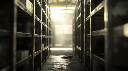Empty warehouse aisle, sunlight, industrial storage