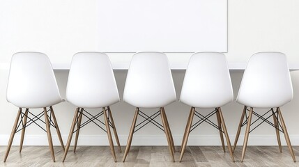 Empty white chairs at a meeting table in a modern office space