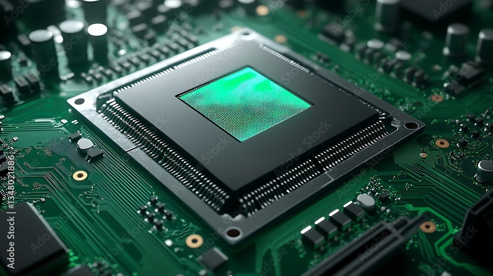 Poster close-up of a modern microchip on a circuit board