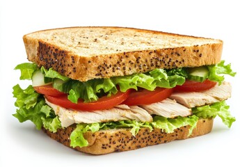 Freshly Made Sandwich with Grilled Chicken, Crisp Lettuce, Juicy Tomatoes, and Whole Wheat Bread Ideal for Healthy Lunch or Snack Inspiration