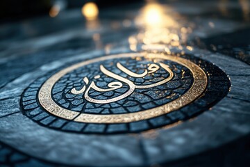 Intricate Arabic Calligraphy on Stoned Ground with Reflections