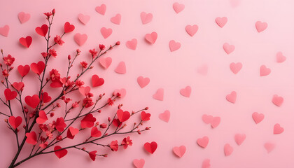 Romantic Pink Background with Paper Hearts and Cherry Blossom Branch

