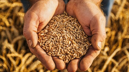 Macro shot of wheat grains resting in a farmer’s rough hands, capturing texture, hard work, and the intimate connection between people and the land.

