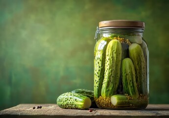 Freshly Pickled Cucumbers in Glass Jar with Green Background and Wooden Surface Surrounded by Whole Spices and Ingredients for Homemade Preserving