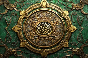 Intricate Gold and Green Decorative Art with Islamic Calligraphy Design