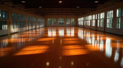 Fototapeta premium Empty large hall with wooden floor and sunlight