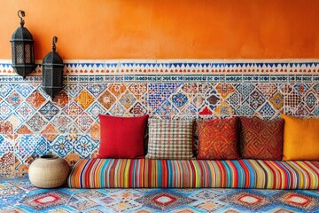 Vibrant Moroccan Interior with Colorful Cushions and Patterned Walls