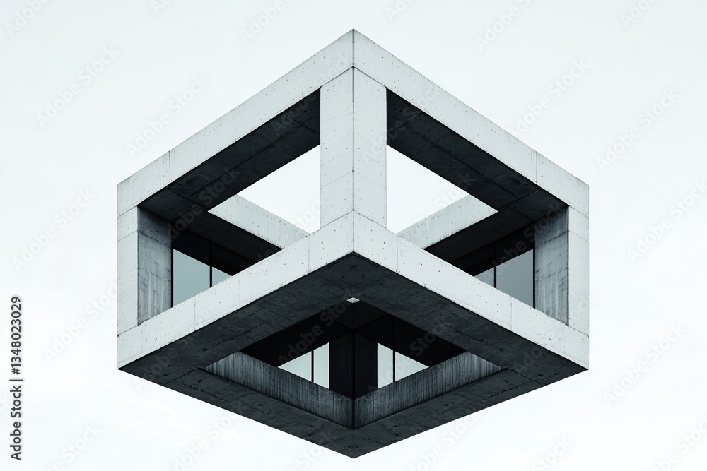 Poster a modern, minimalist architectural structure designed with geometric shapes and open spaces, featuri