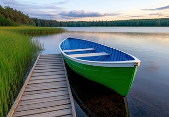 Obraz premium Green and blue rowboat moored at a wooden dock on a calm lake at sunset. Tall grasses line the shore. Tranquil and serene atmosphere.